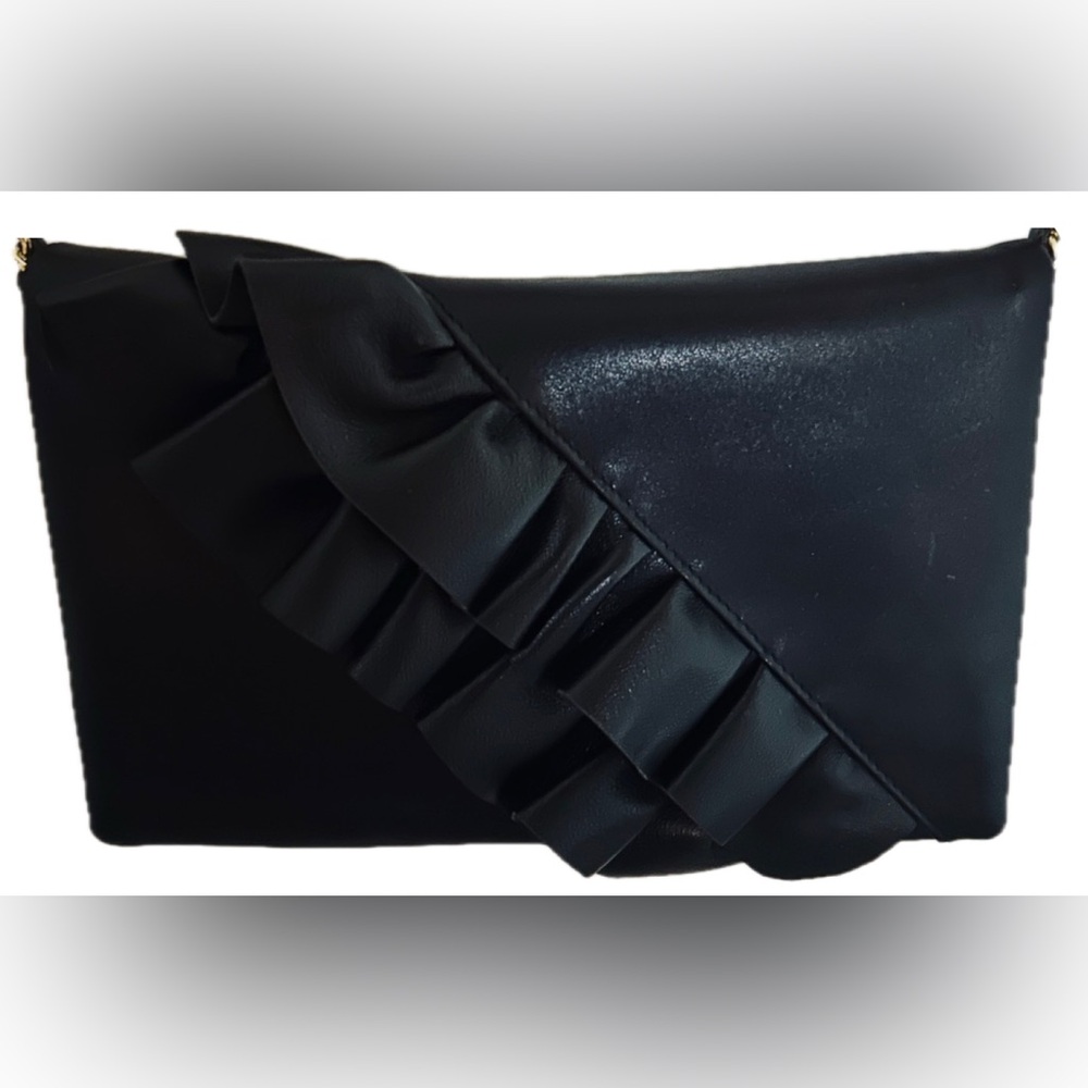 NEW Black Italian Leather Ruffled Clutch with long gold chain.NWT